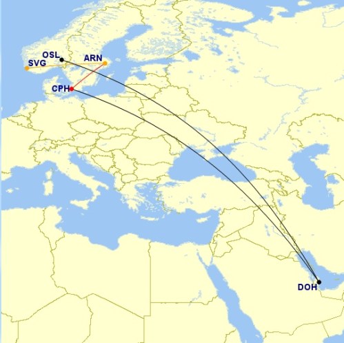 Doha to Copenhagen; Copenhagen to Stockholm; Stockholm to Stavanger; Oslo to Doha; map taken from gcmap.com